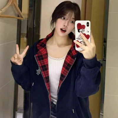 美式复古撞色格子拉链开衫