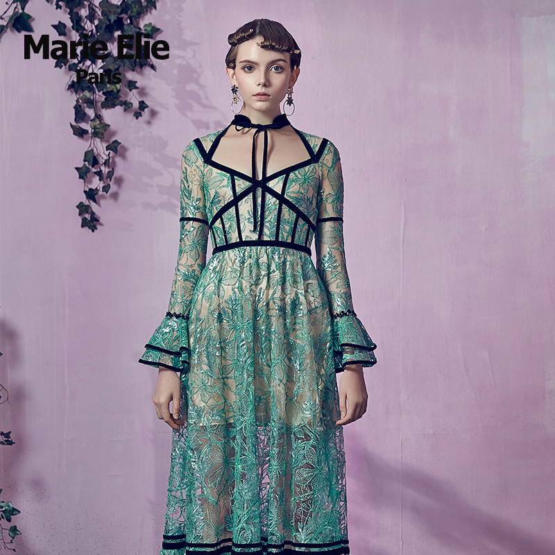 Marie Elie春夏款 湖绿织带连衣裙 E2724M10960