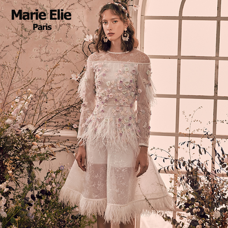 【现货】Marie Elie 嫣瞭荨花萧紫羽毛连衣裙E2912M11020
