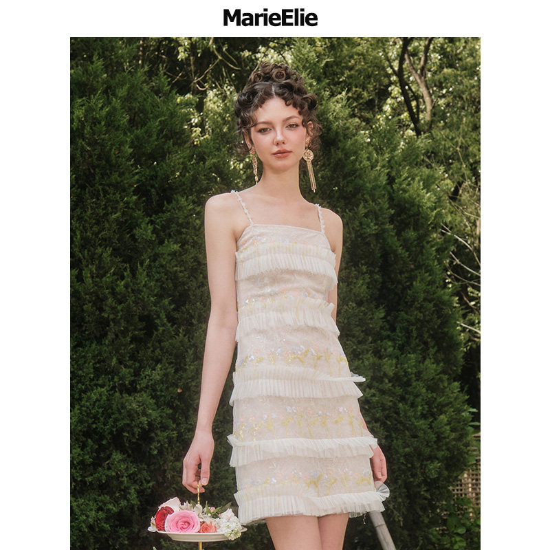 marieelie上海时装秀春夏妡薇黄蓉吊带连衣裙钉珠亮片