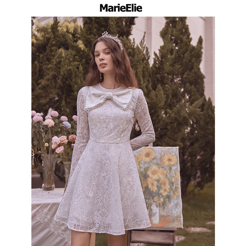 MarieElie春夏款漫子妤倾连衣裙纯白色蕾丝蝴蝶结圆领长袖短裙