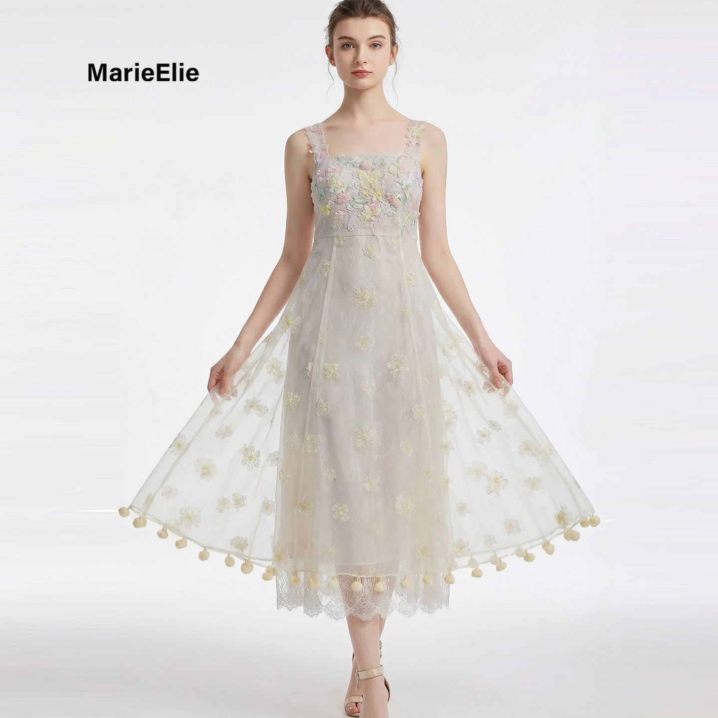 Marie Elie星尘桃粉秀款钉珠连衣裙2025夏季新品