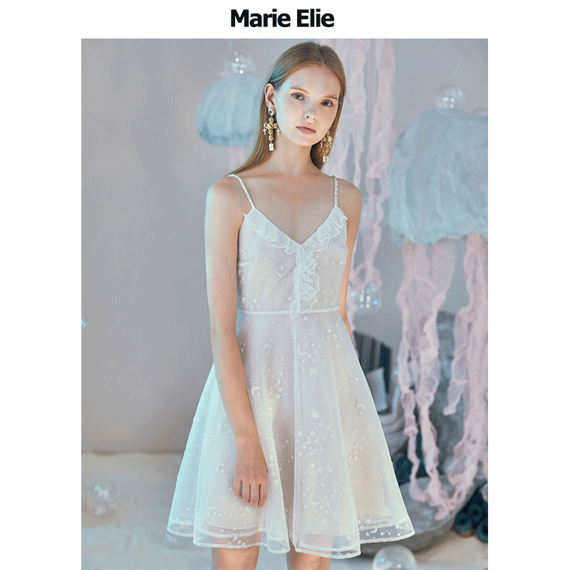 Marie Elie春夏新款 白姬曦星月吊带裙EAA23M07620