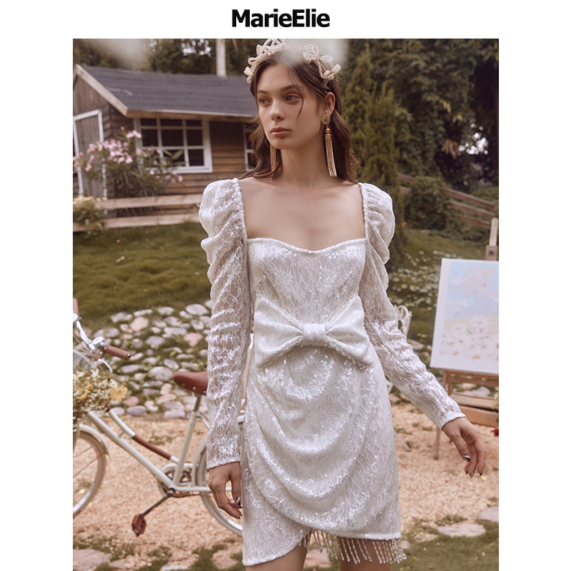 marie elie方领重工亮片蝴蝶结连衣裙长袖短裙