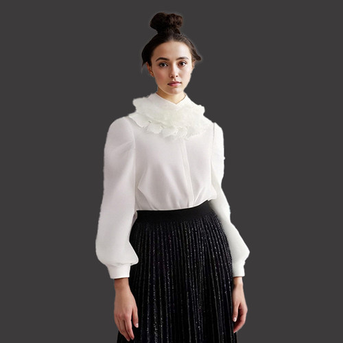 法式真丝刺绣云肩袖娃娃领衬衫