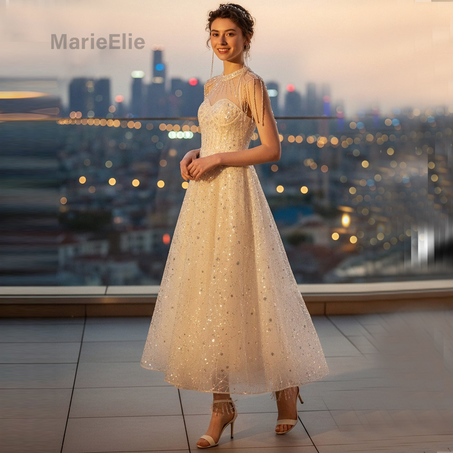 Marie Elie法式仙女风亮片蕾丝连衣裙女高级感网纱长裙轻奢礼服