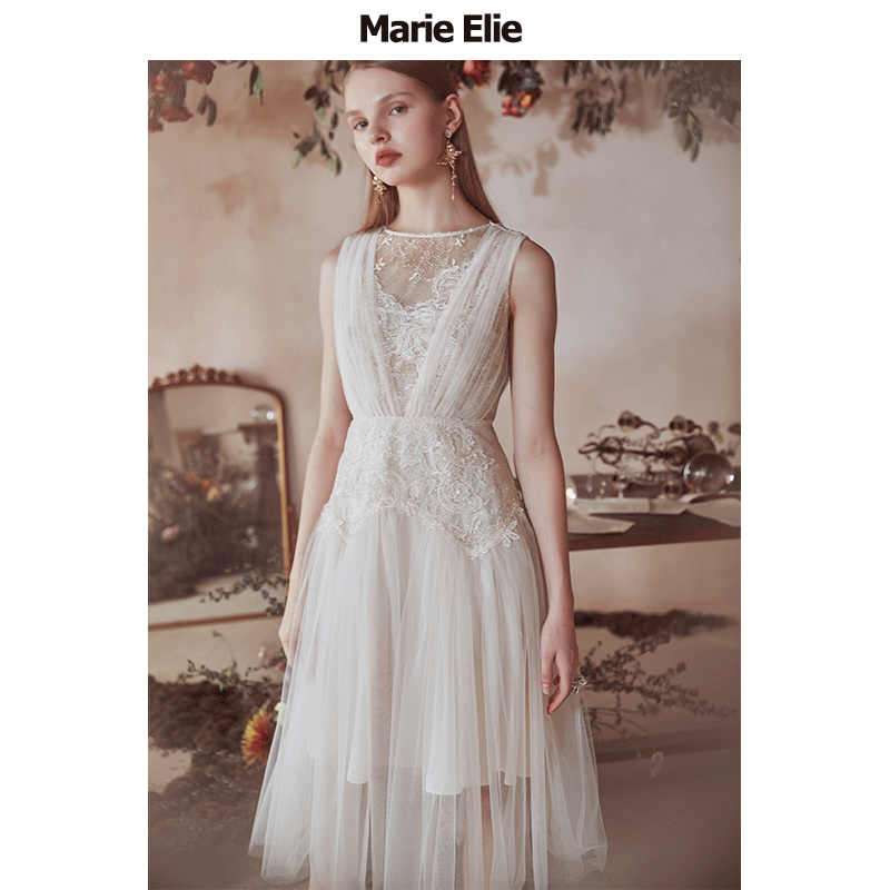 Marie Elie春夏新款 浅浅幻纱钉珠连衣裙EAA21M02835