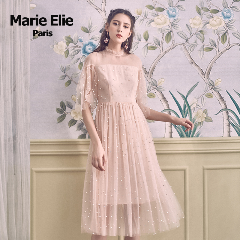 Marie Elie2018春夏新款 中长款冷淡风慵懒超仙修身短袖连衣裙女