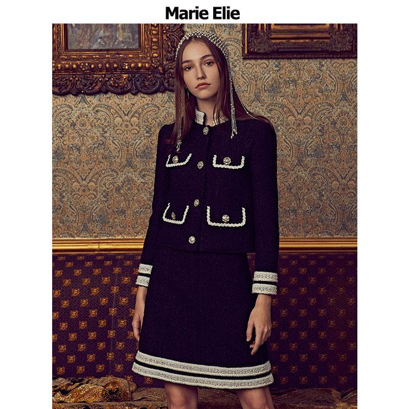 Marie Elie秋冬经典款 黎静荛瑾拼接花呢外套ET2984G00810