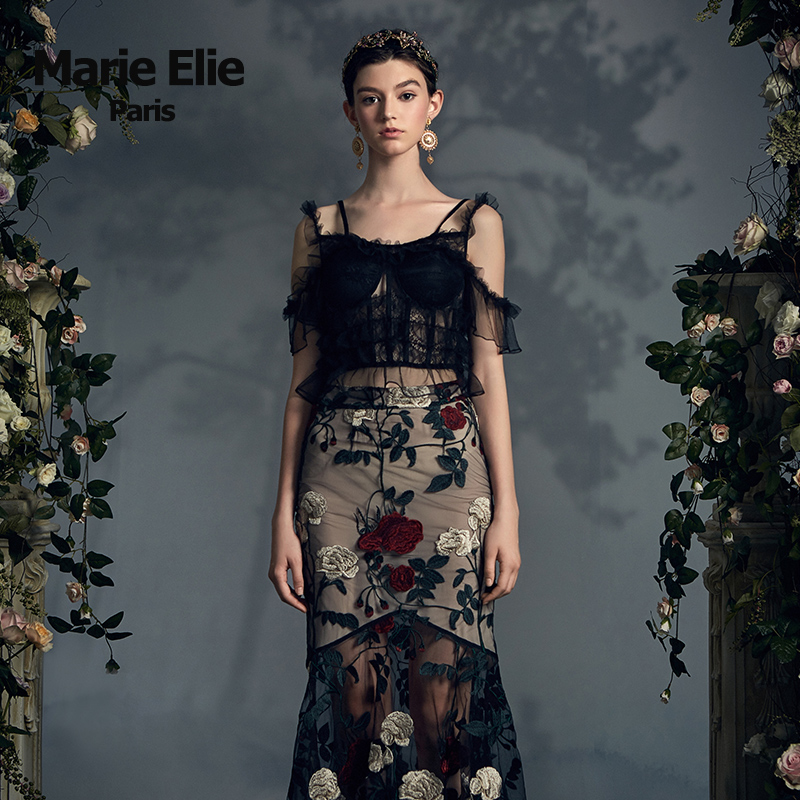 Marie Elie春夏新款超仙高腰网纱修身刺绣鱼尾半裙女E2725Q35010