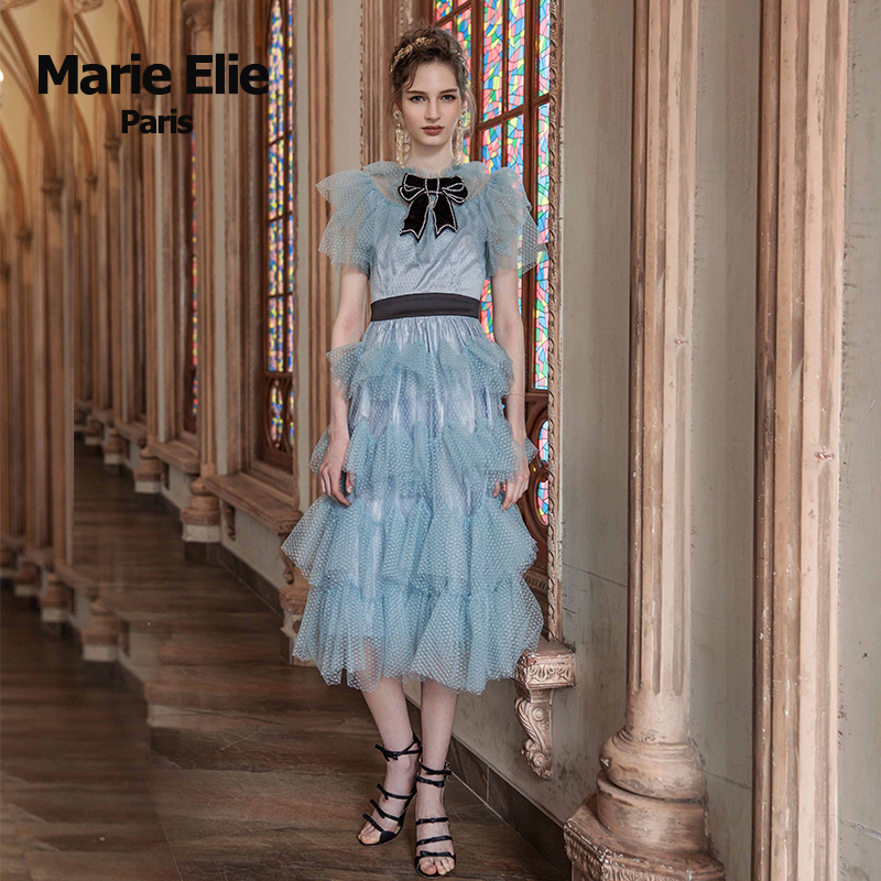 Marie Elie春夏经典款 蝴蝶结荷叶边中长款修身连衣裙公主裙女