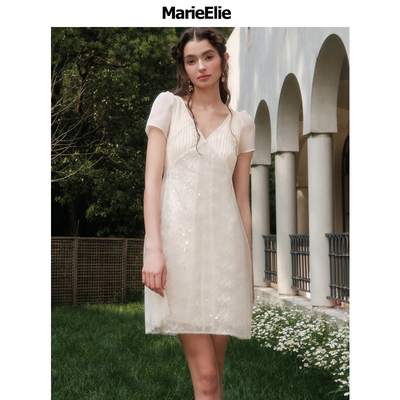 marieelie淑女V领亮片连衣裙