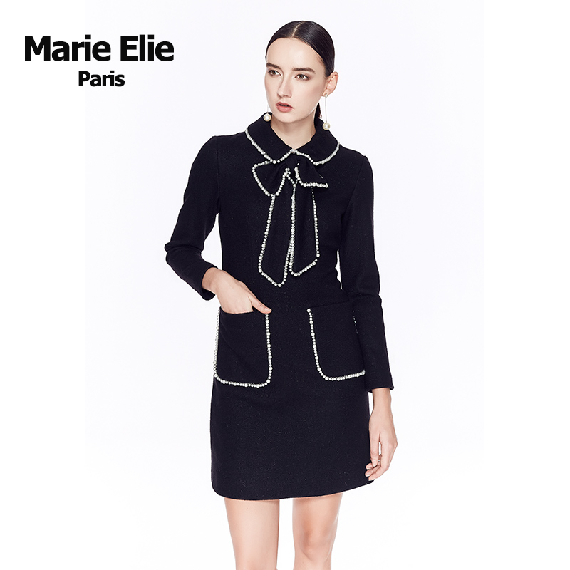 Marie Elie冬季经典款 雅盈蝴蝶白边珠带气质连衣裙 E2734M04810