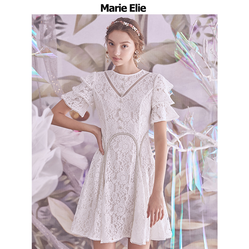 Marie Elie春夏经典款 绣苇绕钻蕾丝连衣裙E2921M59120
