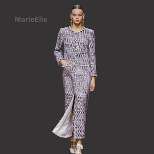 Marie Elie小香风粗花呢长款外套女轻奢优雅气质名媛显瘦大衣