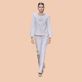 套装 女翻领纽扣时尚 Elie小香风白色粗花呢套装 Marie