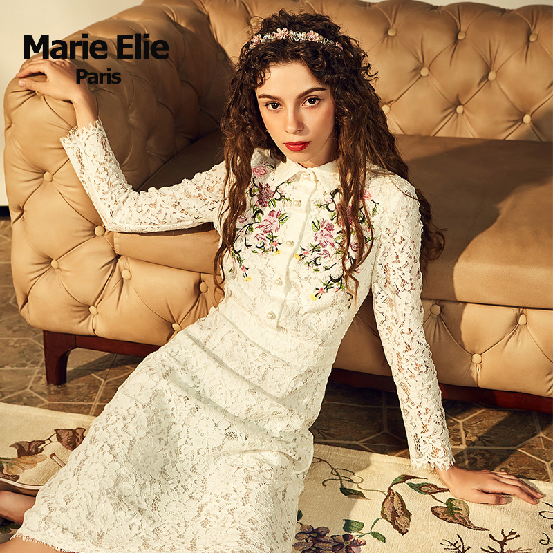 Marie Elie秋冬经典款 白色修身绣花蕾丝连衣裙女E2733M10920
