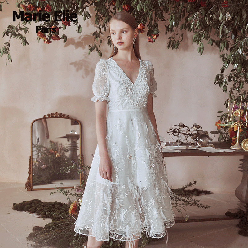 Marie Elie2020春夏新款 白羽淑淑钉珠连衣裙EAA12M09220