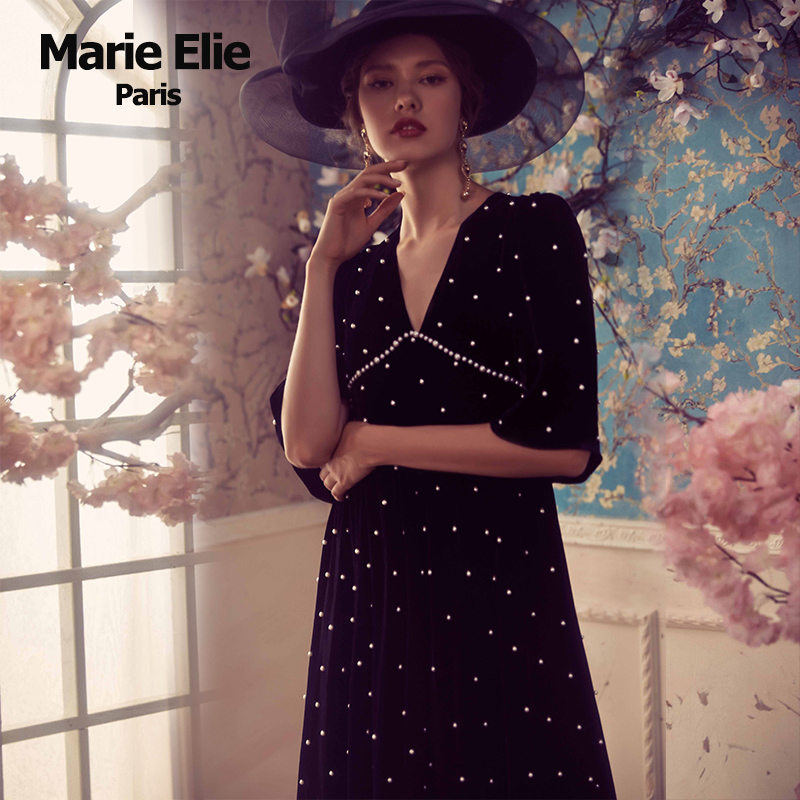 Marie Elie秋冬经典款 小珍珠丝绒连衣裙E2832M10610