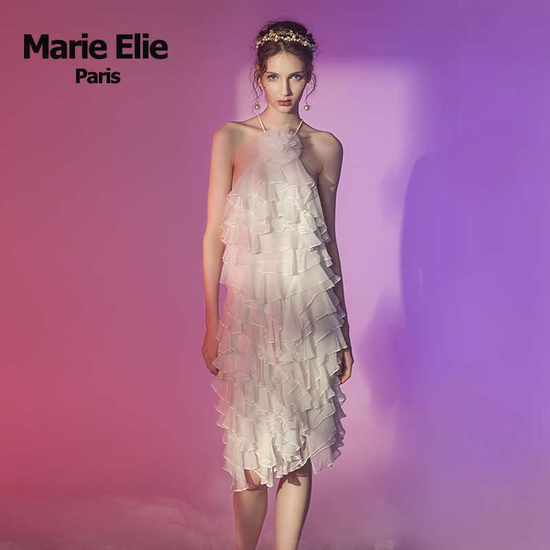 Marie Elie2018春夏新款荷叶边挂脖露肩性感吊带连衣裙公主裙女