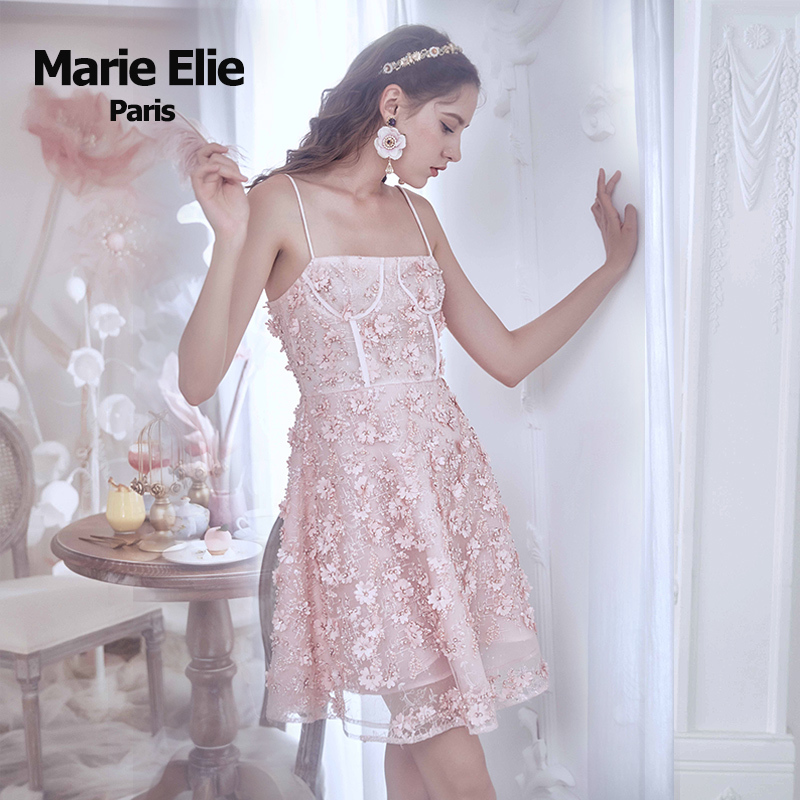 【现货】Marie Elie春夏经典款 粉佩莹花玉珠连衣裙E2822M06134