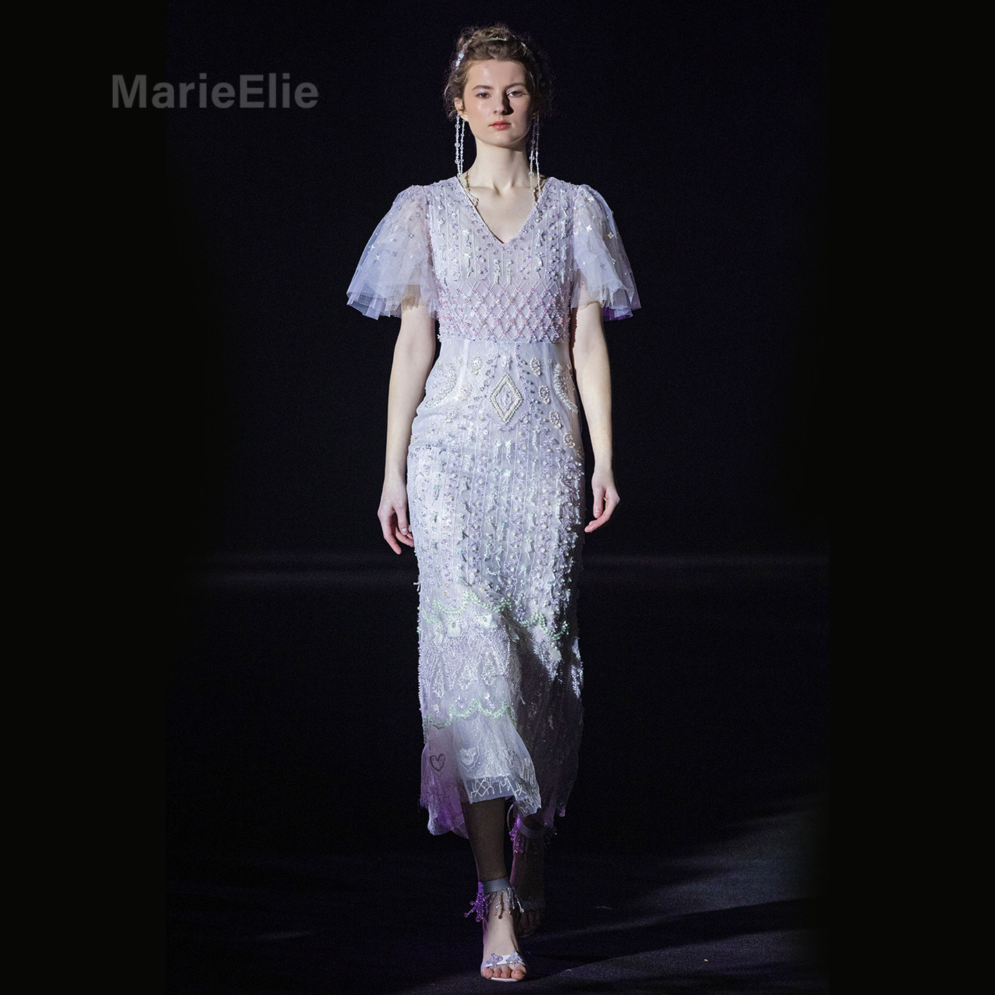 Marie Elie浪漫蕾丝风V领泡泡袖紫色网纱连衣裙女中长裙轻奢礼服