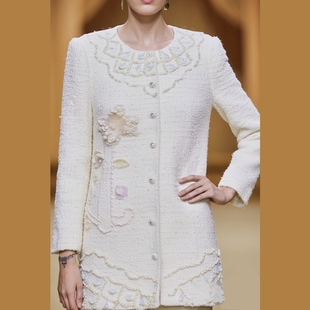 斜门襟气质外套 风白色珠绣毛呢外套女中长款 Marie Elie新中式