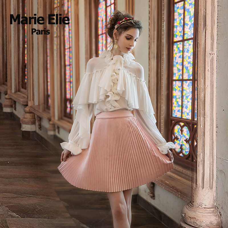 Marie Elie春夏经典款 层层荷叶边花朵领喇叭袖宽松衬衫上衣女