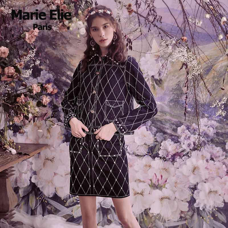Marie Elie2019早春新款 慕岚刺绣格子珍珠牛仔外套E2911G09010