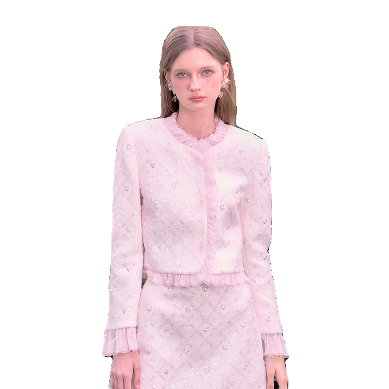 MarieElie秋冬玥冰绮珞外套荷叶边格子长袖短款亮片小香风