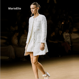 Marie 女秋冬优雅钉珠外套半身裙两件套 Elie小香风白色粗花呢套装