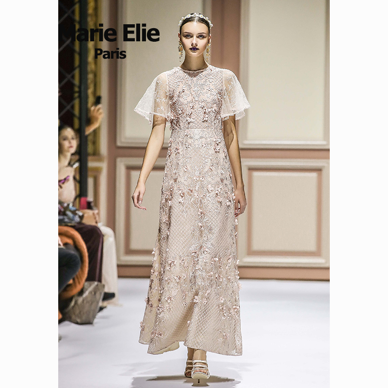 Marie Elie2018巴黎秀款 修身宫廷风钉珠连衣裙礼服长裙女