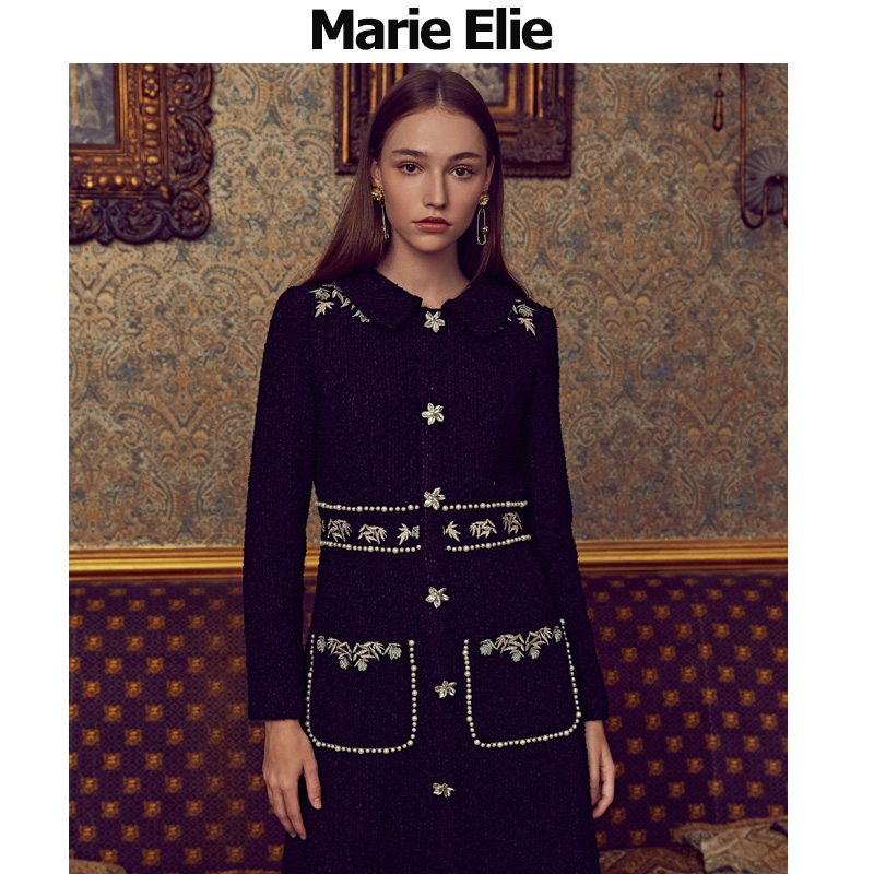 Marie Elie秋冬经典款娃娃领修身中长款刺绣连衣裙E2933M49810