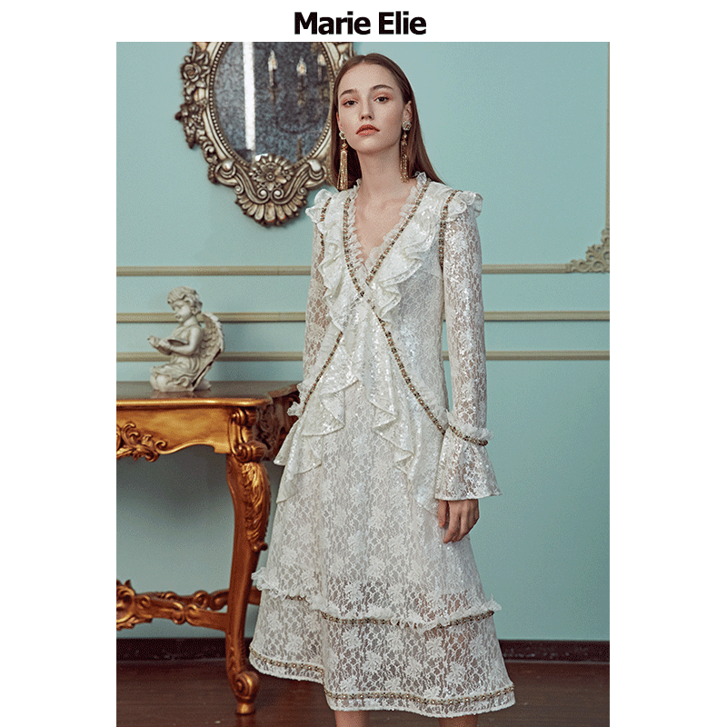 Marie Elie秋冬经典款不规则蕾丝荷叶边修身连衣裙EL2983M31320