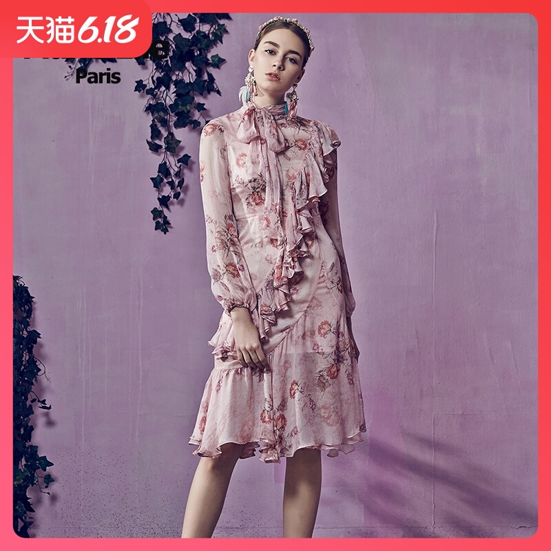 Marie Elie春夏经典款 不规则荷叶边真丝印花修身连衣裙女