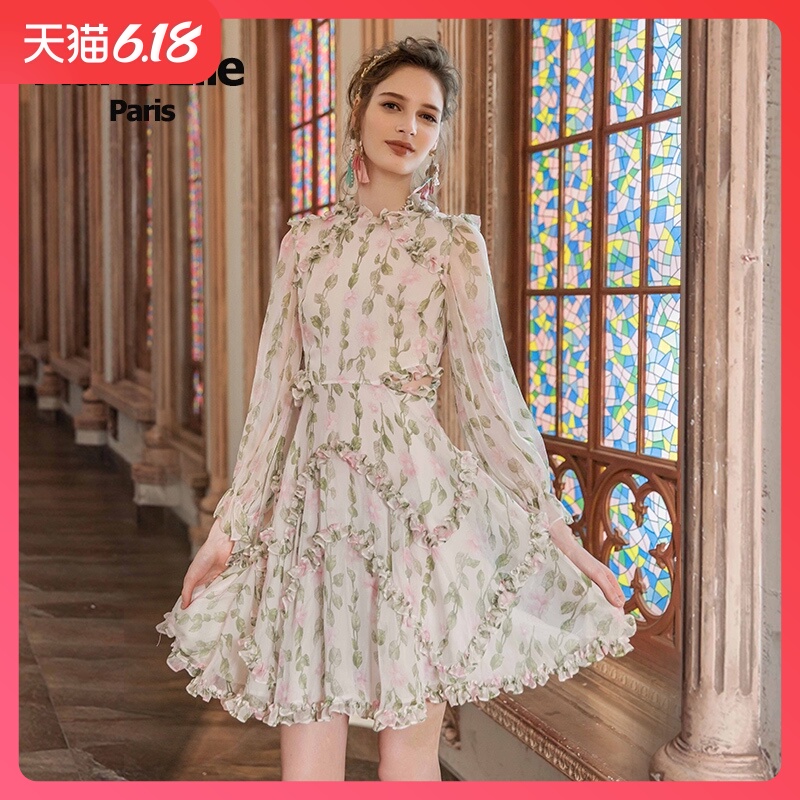 Marie Elie夏季新款真丝雪纺木耳边碎花连衣裙甜美修身a字裙女