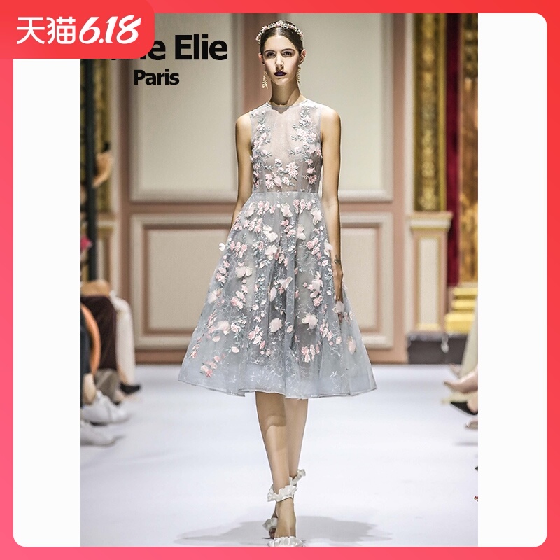 Marie Elie2018巴黎秀超仙中长款立体花朵收腰修身无袖连衣裙