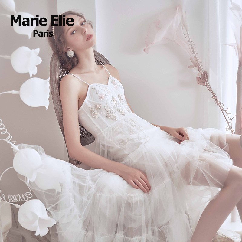 Marie Elie2018夏季新款 茉玉珠花朵刺绣泡泡裙E2822M00220