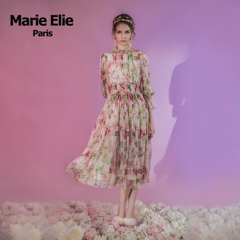 Marie Elie2018春夏新款波西米亚收腰雪纺印花度假连衣裙沙滩裙女