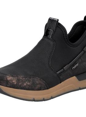 代购rieker女士乐福鞋透气轻便软底舒适黑色圆头平跟套脚式