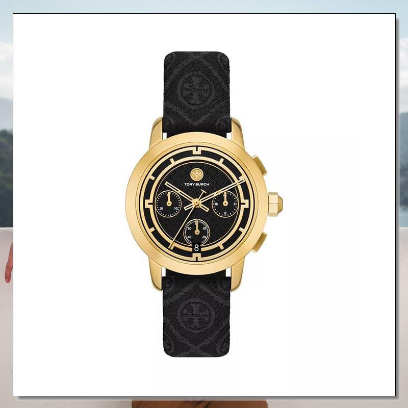 Tory Burch Chronograph 37mm 汤丽柏琦女式欧美腕表黑金皮带款