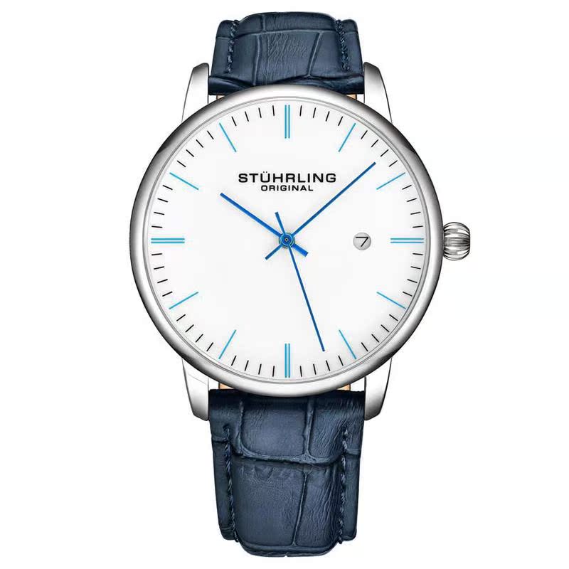 Stuhrling Original施图灵男子蓝色皮革表带白色表带大表盘男手表