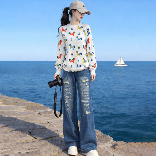 春秋新款时尚街头复古女气质圆领印花长袖上衣阔腿牛仔裤两件套潮