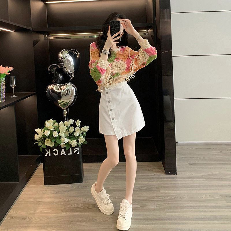 夏季新款甜美花朵女装钩花罩衫白色港风时尚牛仔短裙气质两件套装