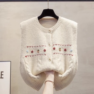手工花开衫 宽松马夹外穿毛衣坎肩 圆领针织马甲背心女2025秋冬新款
