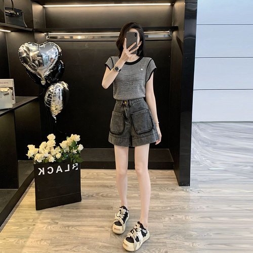 夏季新款针织衫牛仔短裤休闲时尚套装女小众炸街感轻奢两件套