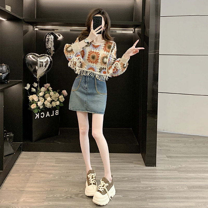 夏季新款甜美花朵女装钩花罩衫复古港风时尚牛仔短裙气质两件套装
