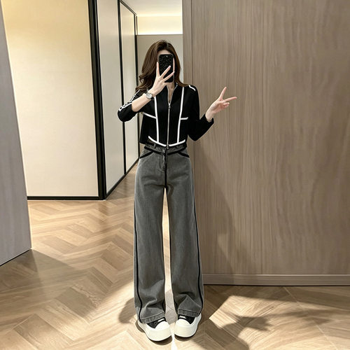 黑色撞色开衫女秋季新款休闲时尚洋气百搭街头复古牛仔裤两件套潮