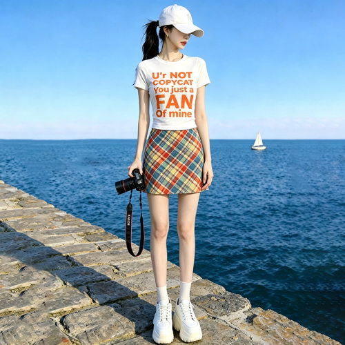 短袖上衣牛仔休闲时尚套装女网红洋气炸街高腰显瘦辣妹潮酷两件套