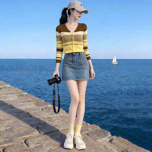 春秋新款女爆款洋气V领单排扣撞色条纹针织开衫牛仔半身裙两件套